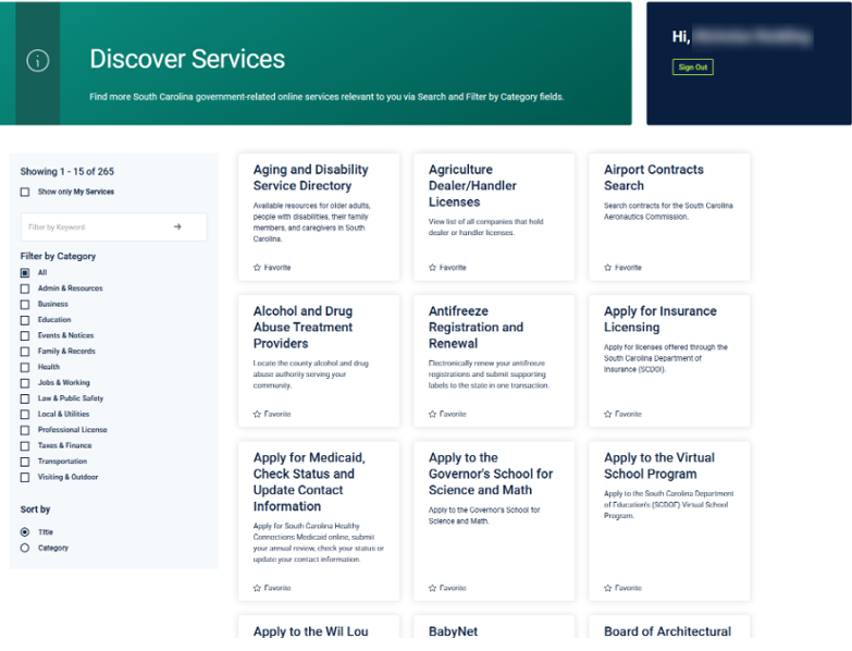 screenshot of a user's Discover Services page