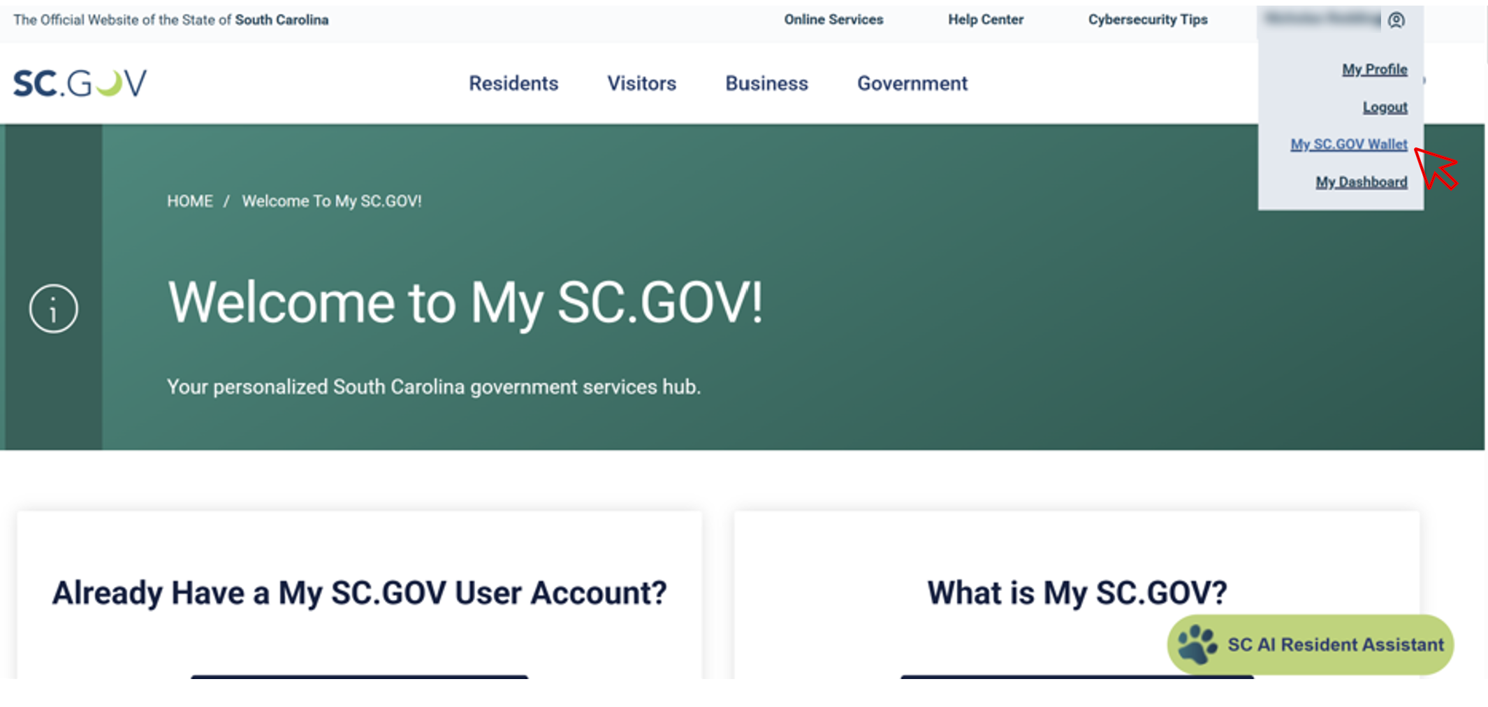 Screenshot of Username dropdown