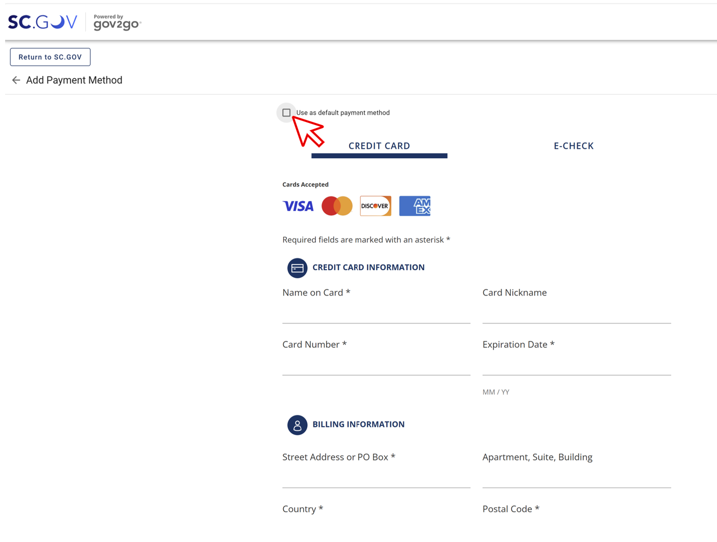 Screenshot of clicking Use as default payment method
