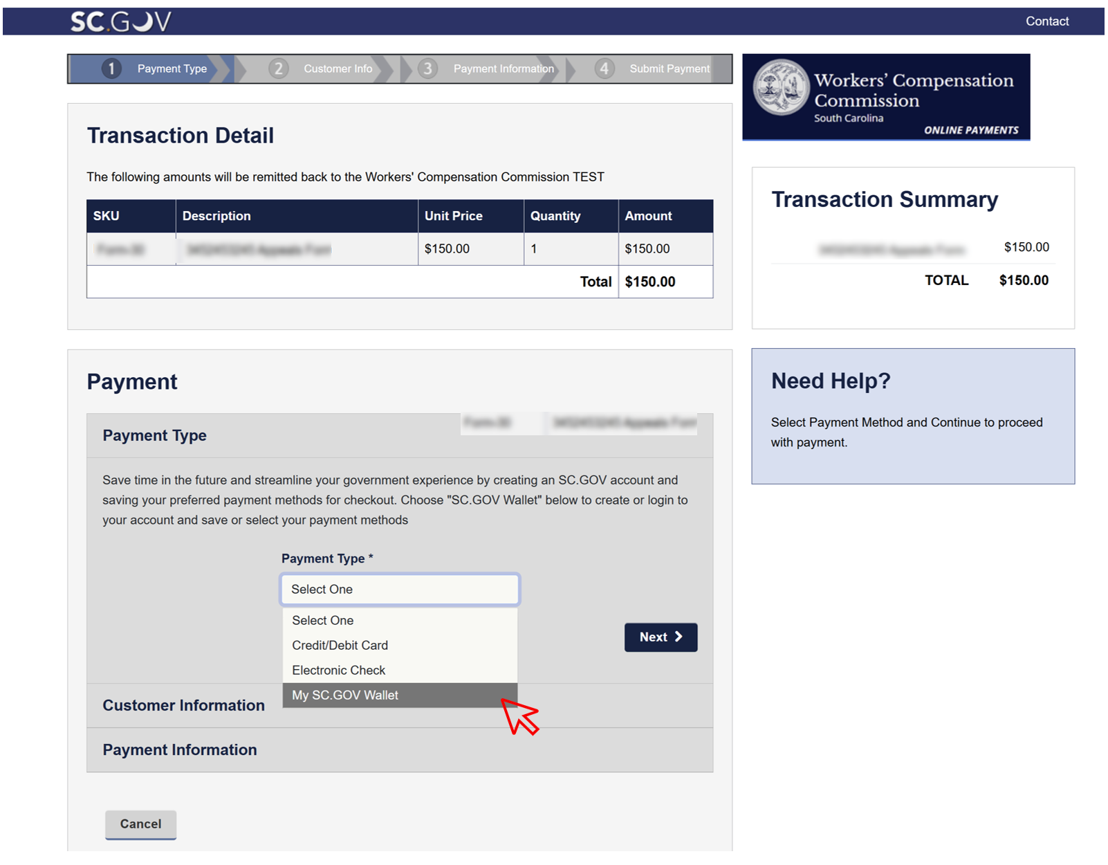 Screenshot of a checkout page and selecting My SC.GOV Wallet as the payment option