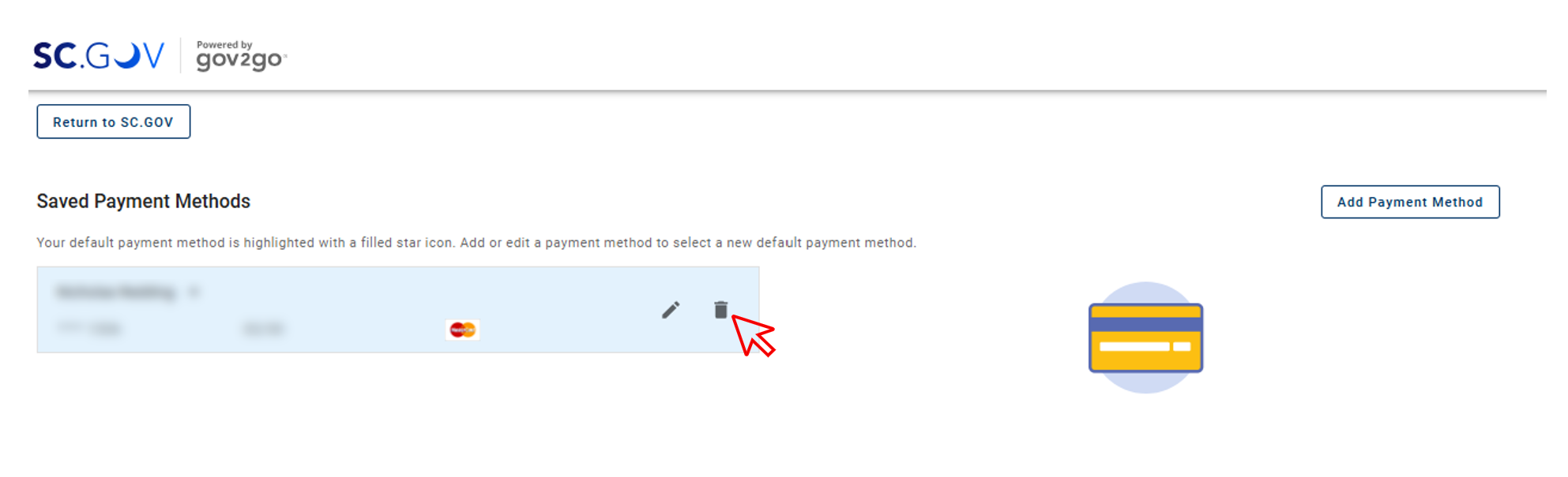 Screenshot of clicking the trashcan icon next to a stored credit card