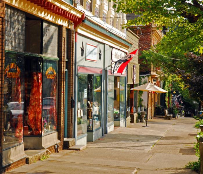 Store fronts and sidewalk in a historical town